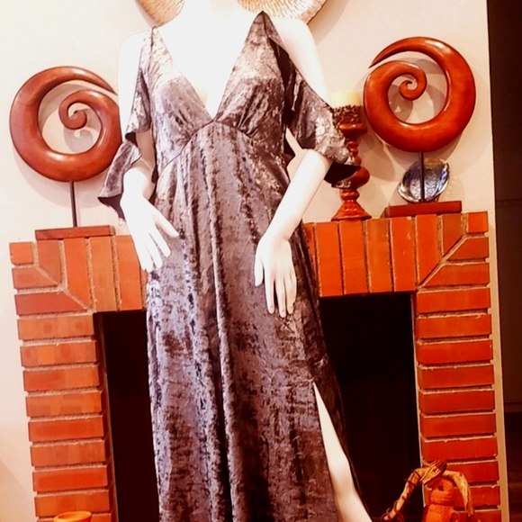 TOP SHOP Crushed Pewter Velvet LG. C/S Slit Dress-8-New - Picture 10 of 13